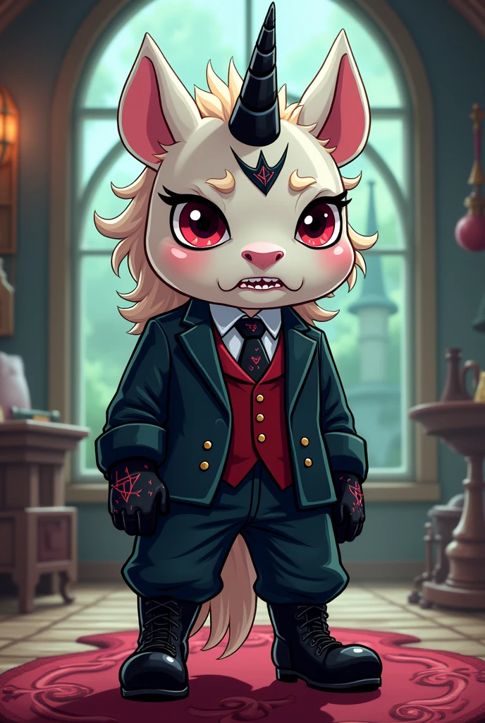 Create a cute plush humanoid demonic unicorn, wearing an alucard van hellsing suit, wearing baggy pants, wearing black gloves with a pentagram, wearing a black boot, tattoos on body, black jewelry, full of anxiety on the tele finger, background image a wizard&#39;Room, Adventure Time style drawing
