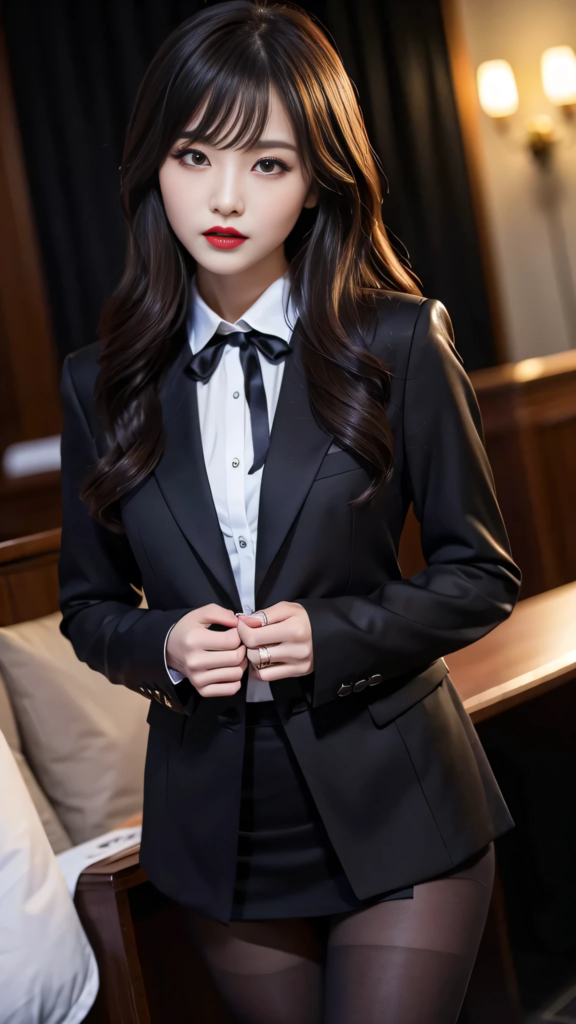 tra-detailed、Japanese、Attractive beauty、seductive adult woman、Pretty Woman、piercing eyes、cool girl、wavy hair、swept bangs、suit、Jacket、blouse、ribbon、Tight Skirt、pantyhose、Shiny beautiful legs、Evil cadres、Fallen into evil、brainwash、mind control、lipstick、Lip gloss、dark makeup、smirk、Evil expression、evil、hollow eyes,half-closed eyes、Hollow Eyes、evil、Night room、Church at night、Vampire、Succubus、vampire、Swear allegiance、Are standing