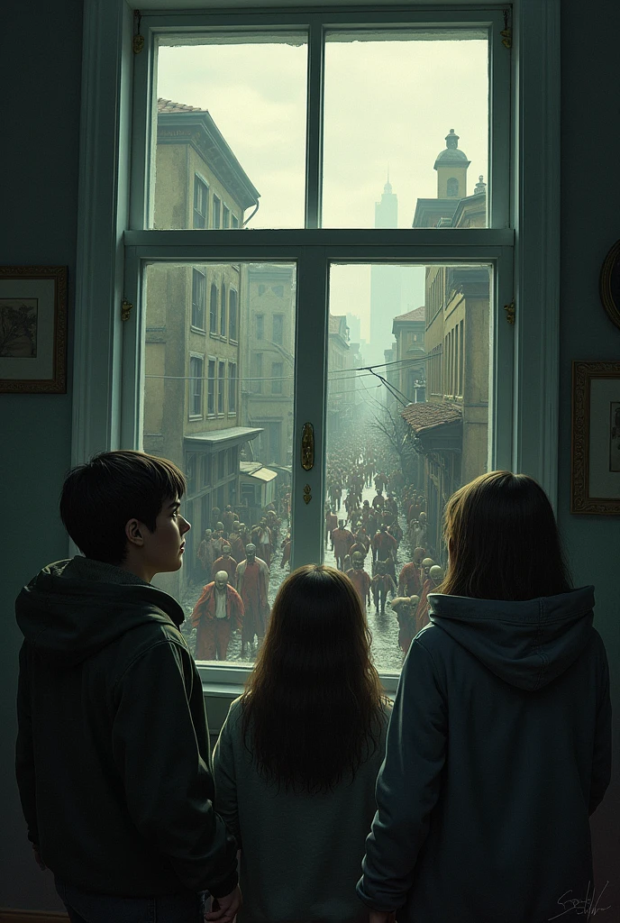 A City in caos with a bunch of people seeing it from a house, add zombies in the ground