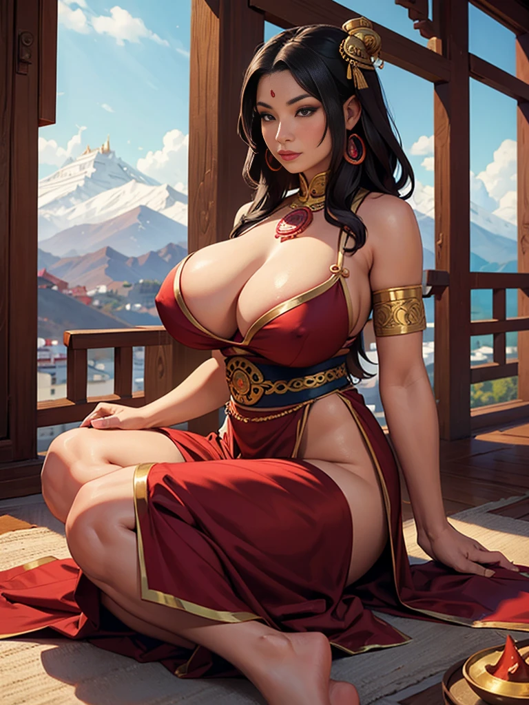 temple, Tibetan woman, highly detailed, milf, huge breasts, mature woman, curvy, Tibet, alone,