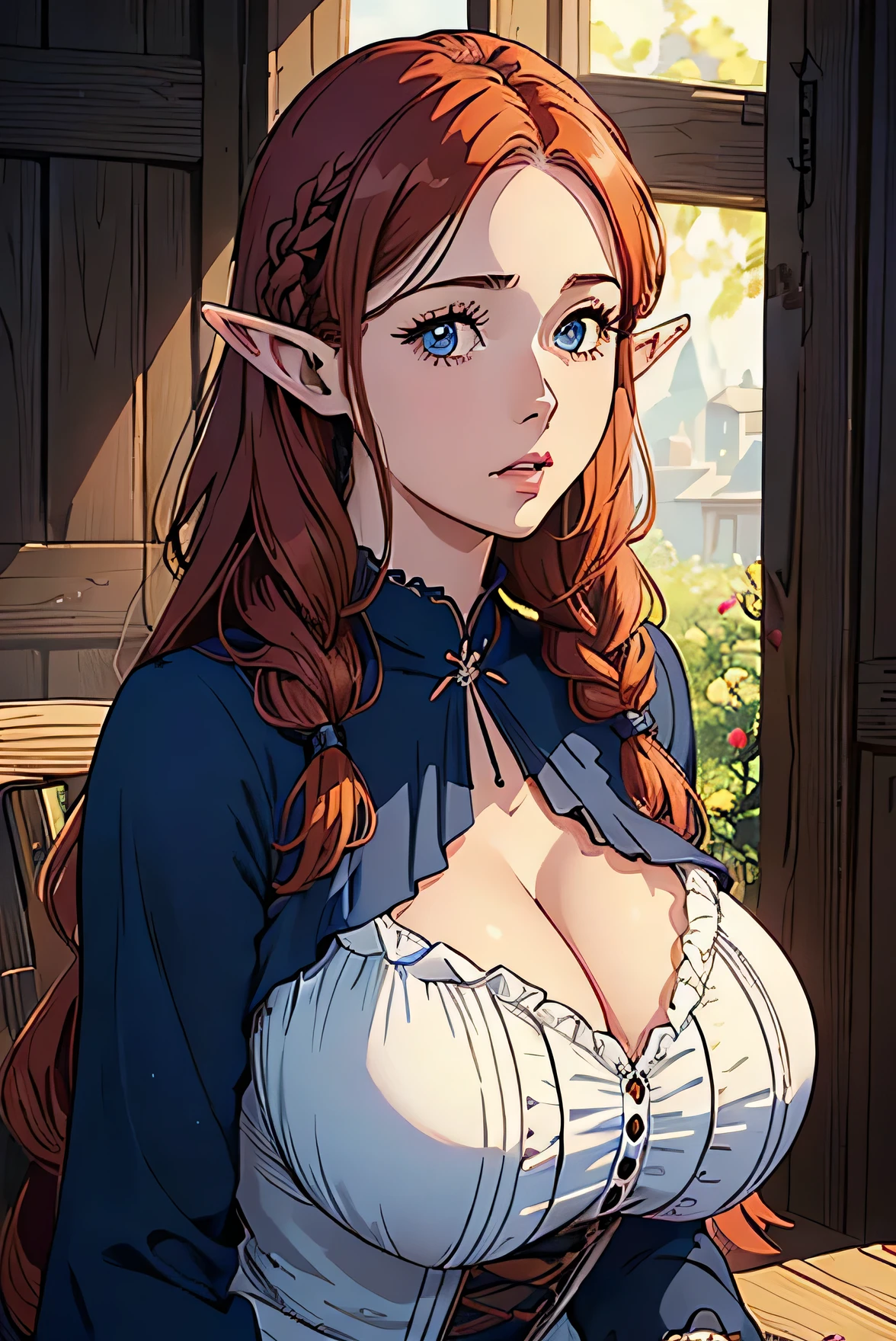 Cute Farmgirl with Braids. ((red haired woman, mature woman, long hair, pointy ears, elf ear)), Perfectly round face. Beautiful cute face, Big beautiful voluptuous lips, charming beauty, ((gentle expression on your face)), ((Beautiful Big, blue detailed eyes)), Waist slender, Broad Hips ((Dark blue dress with ruffles, modest dress, very high neckline)) (highy detailed)),offcial art, Award-winning digital painting, digital illustration, extreme detail, 4K, ultra HD, Rococo, polished, intrikate, realistic fantasy art, sharp focus, conceptual artwork, arte por WLOP, artgerm, (2D vector illustration) Lumiere, airy, hourglass figure. ellie bamber