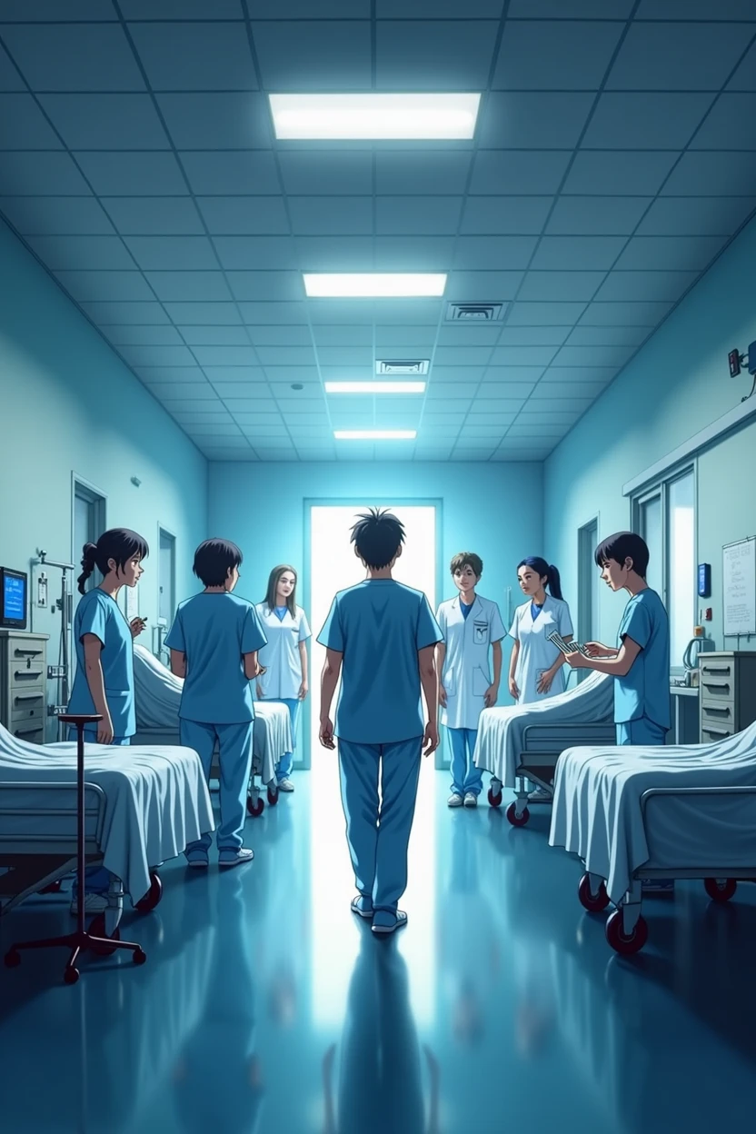 A movie poster of an emergency department with patients and hospital staff, anime style