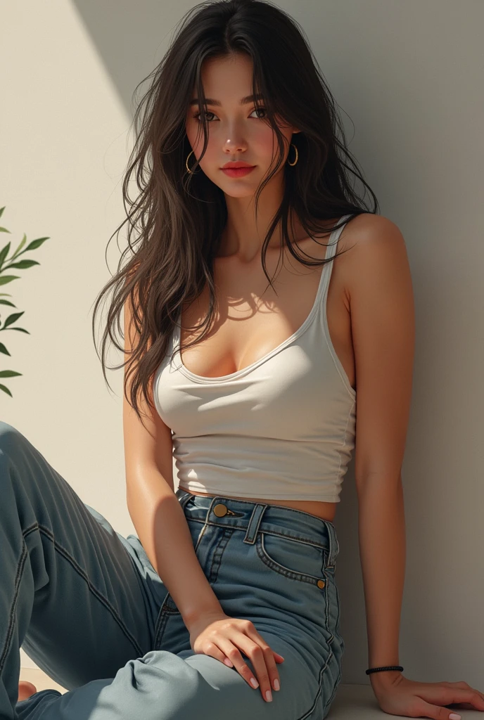 ager with black hair medium breasts and big ass sits down with baggy clothing
