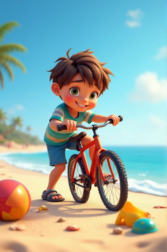 Little boy playing on the beach with a bicycle