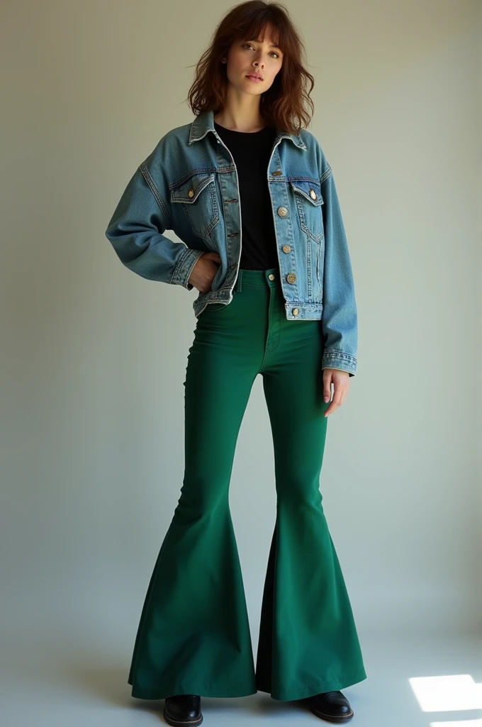 Create me an 80s outfit with dark green bell-bottom pants, a black t-shirt and a light blue jeans jacket 