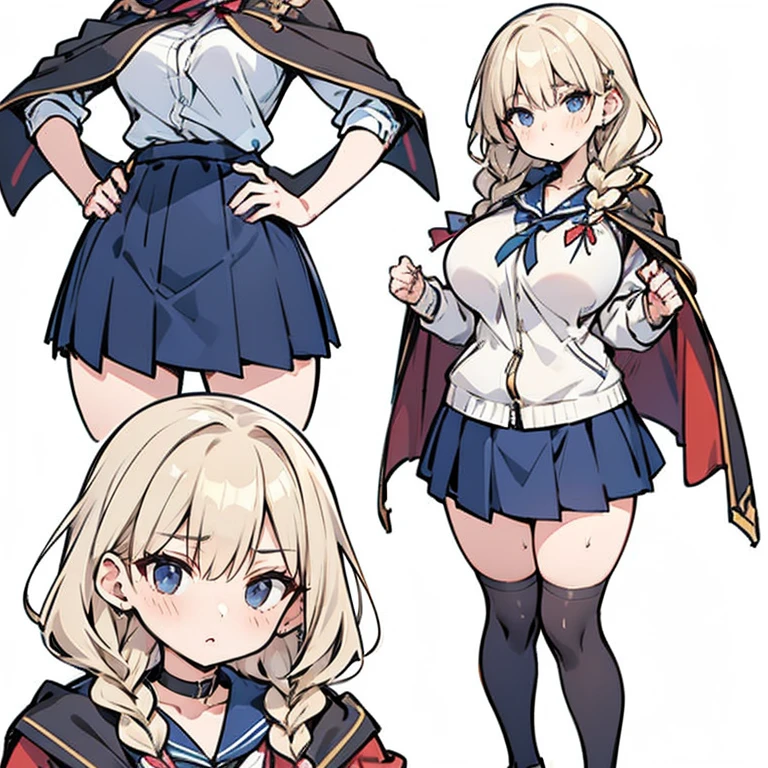Anime Kawaii sexy Perfect Slim sensual body large breast and huge thighs, An intricate and highly detailed illustration of anime (Young girl) 1 girl, light hair, darker eyes, Solid eyes, blank stare, shorth hair, two braids, breasts big, school clothes, white collar, jaket, cape, overskirt, knee socks, no expression, no back ground, white background