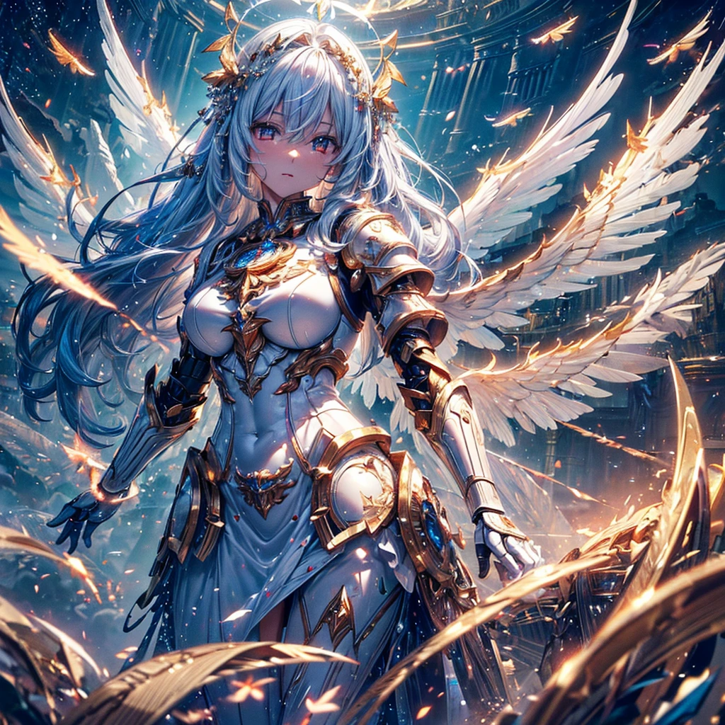 masterpiece, 8K wallpaper incorporating highly detailed CG, 8K Ultra HD, Digital SLR, high quality, clean, ((A goddess in white mechanical armor with large wings, godly aura, magic, fly in the sky)), Glowing Eyes, Cinema Lighting, 超High resolution, 超High resolution, High resolution,Huge golden halo