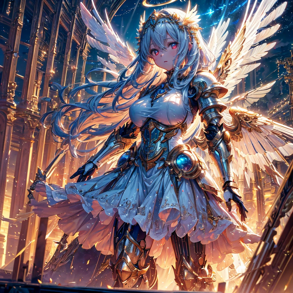 masterpiece, 8K wallpaper incorporating highly detailed CG, 8K Ultra HD, Digital SLR, high quality, clean, ((A goddess in white mechanical armor with large wings, godly aura, magic, fly in the sky)), Glowing Eyes, Cinema Lighting, 超High resolution, 超High resolution, High resolution,Huge golden halo