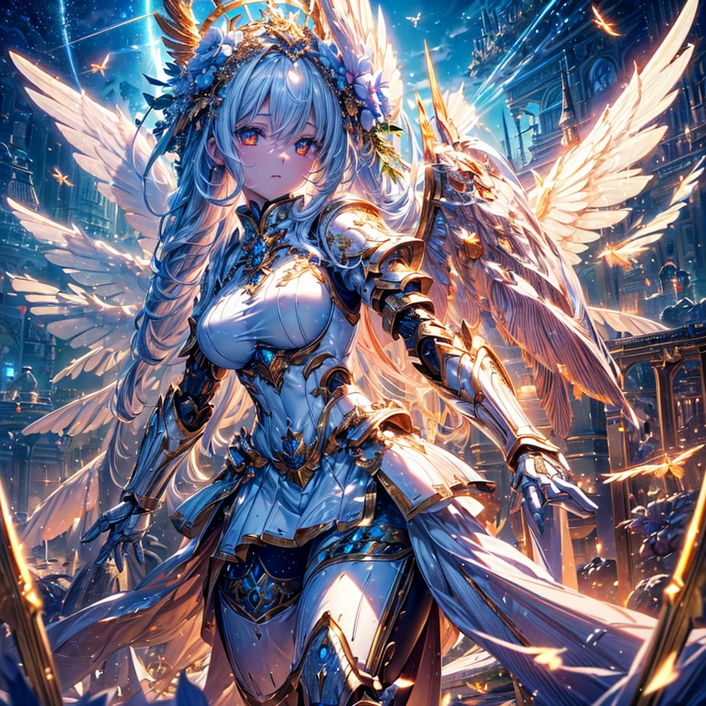 masterpiece, 8K wallpaper incorporating highly detailed CG, 8K Ultra HD, Digital SLR, high quality, clean, ((A goddess in white mechanical armor with large wings, godly aura, magic, fly in the sky)), Glowing Eyes, Cinema Lighting, 超High resolution, 超High resolution, High resolution,Huge golden halo