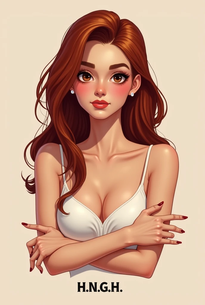 A logo of a 19 year old dark redhead girl, pretty eyebrows, straight teeth, very thin lips, long nails, brown skin, dark brown eyes,with black eyeliner, blushing cheeks, not so thin face, small bust, crossed arms with initials below, estas iniciales h.n.g.h. en mayusculas ME gUSTA LA QUE hICISTE PERO MOREnA