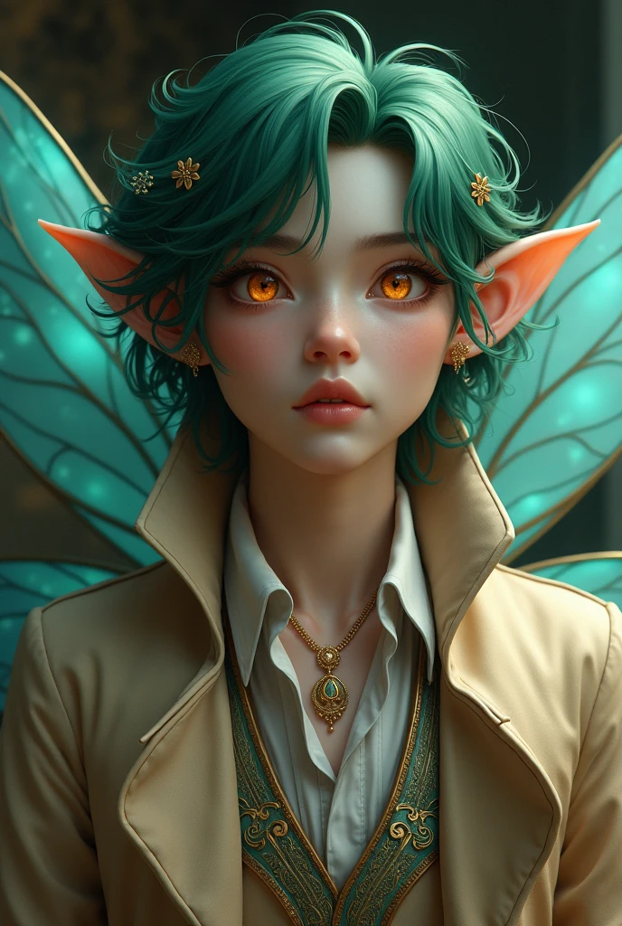 (photorealism:1.2), beautiful man, waist up shot, medium length green hair, orange eyes, large blue fairy wings, beige overcoat, fancy undershirt, pointed ears with jewelry