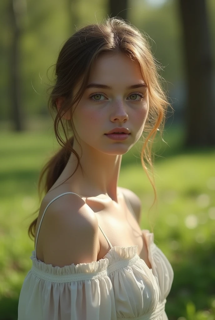 ((1 Russian Girl)), Graceful beauty, slim, , Soft Light, ((David Hamilton Style)), Close-up photo, masterpiece, 最high quality, Photorealistic, 8k, High resolution, Detailed skin, 8K Ultra HD, Digital SLR, Soft Lighting, high quality, Film Grain, Fujifilm XT3, whole body, naked, at the park