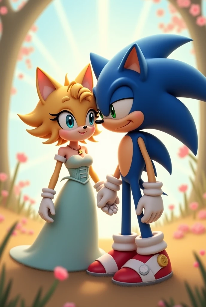 Humanoid hedgehog with pastel yellow fur and bright aquamarine eyes and short hair and white fingerless gloves with a necklace with a gold star pendant,Cream dress with fitted corset long puffed sleeves light blue color,long, non-puffy dress next to Sonic a humanoid hedgehog with navy blue fur and emerald green eyes and red shoes and a white tight shirt,Sonic kissing her cheek with his eyes closed