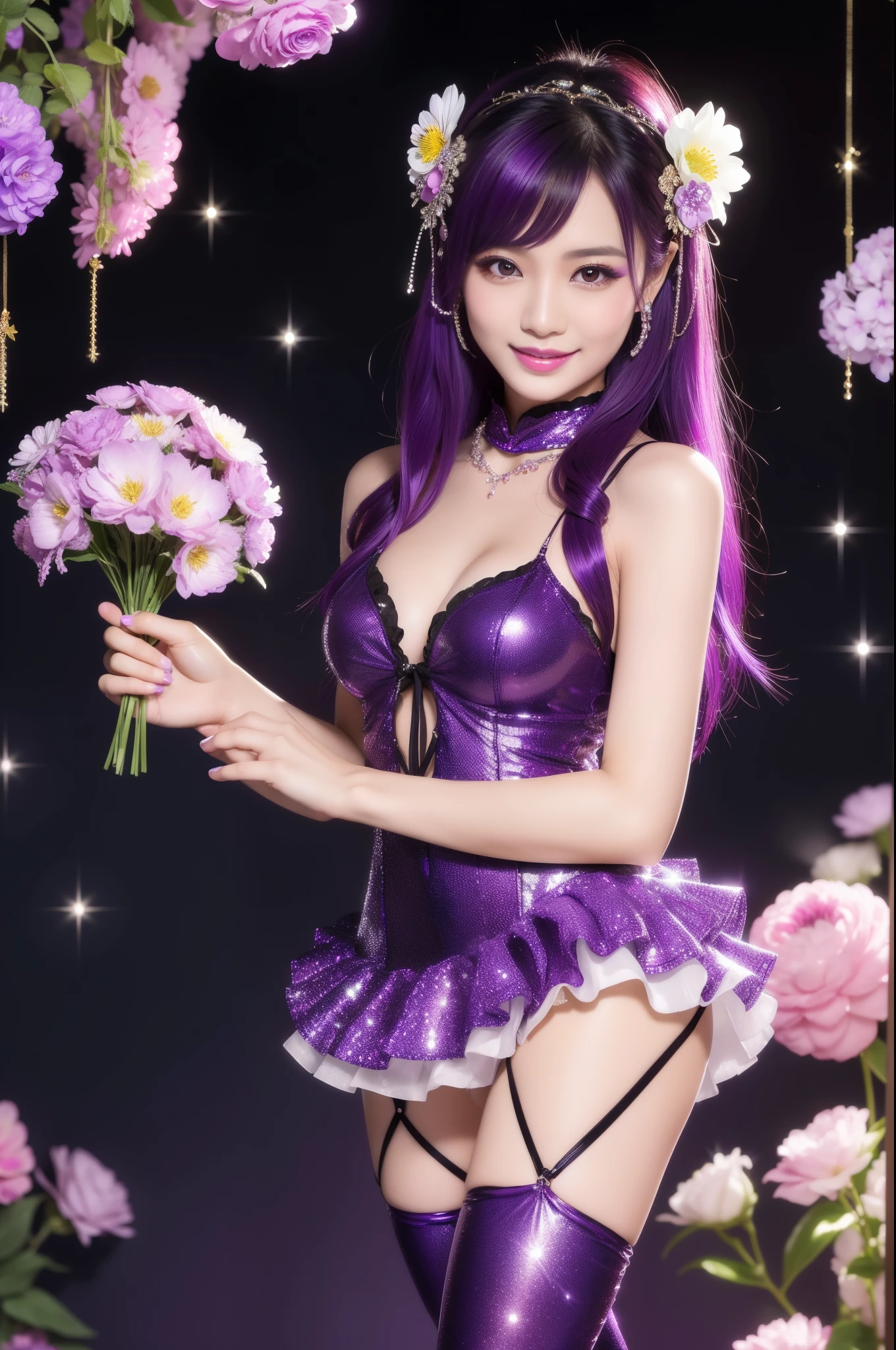 sexy Thai model who controls poison、beautiful smile、lipgloss、intense makeup、look at the camera、full body Esbian、、sparkling poisoned flower costume (purple)、、、、shiny sparkling multicolor hair、secrete poison、skull hair accessories、fishnet tights、shiny sparkling flowers background