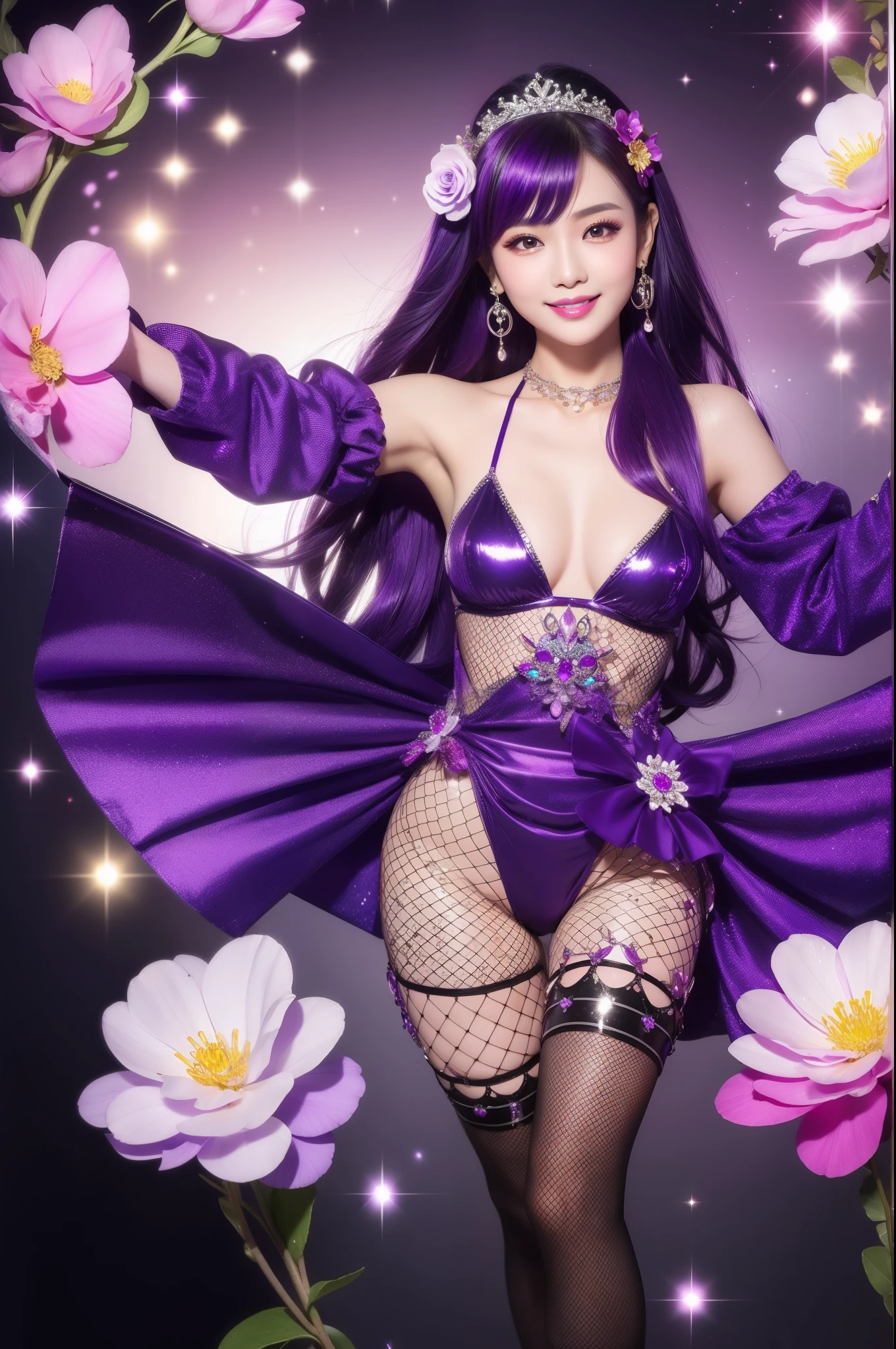 sexy Thai model who controls poison、beautiful smile、lipgloss、intense makeup、look at the camera、full body Esbian、、sparkling poisoned flower costume (purple)、、、、shiny sparkling multicolor hair、secrete poison、skull hair accessories、fishnet tights、shiny sparkling flowers background