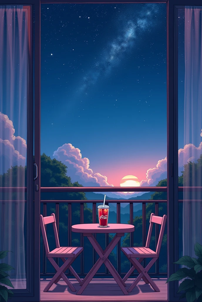Make a picture of a balcony, along with a coffee and a glass of Coca-Cola, on a starry night. The table has two chairs and the environment is comfortable., conveying a sense of passion with pastel colorsanime art style.