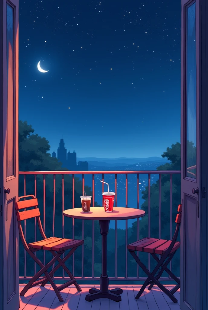 Make a picture of a balcony, along with a coffee and a glass of Coca-Cola, on a starry night. The table has two chairs and the environment is comfortable., conveying a sense of passion with pastel colorsanime art style.
