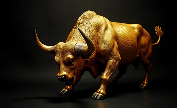 an angry golden bull attacking from below with its horn the golden bear black background