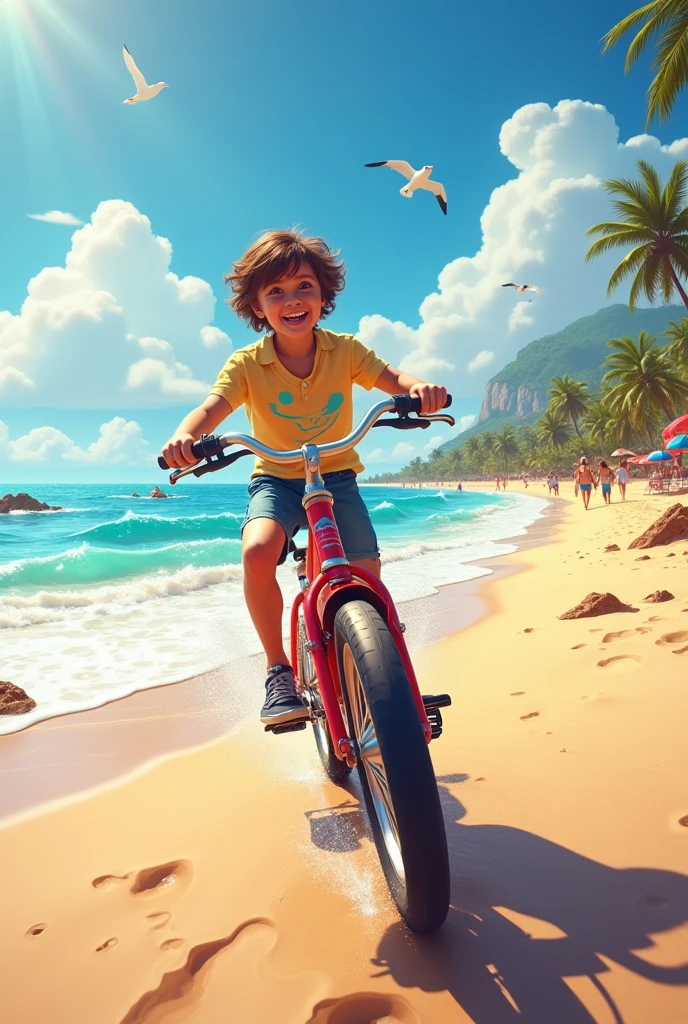 playing on the beach with a bicycle