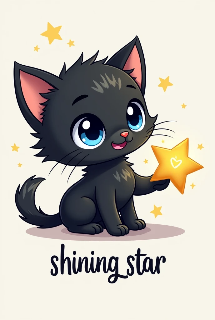 Make a logo/watermark for gacha channel called "shining_star" with a very cute but simple black kitten with blue eyes touching a star it has to have the name of the channel and it has to be small
