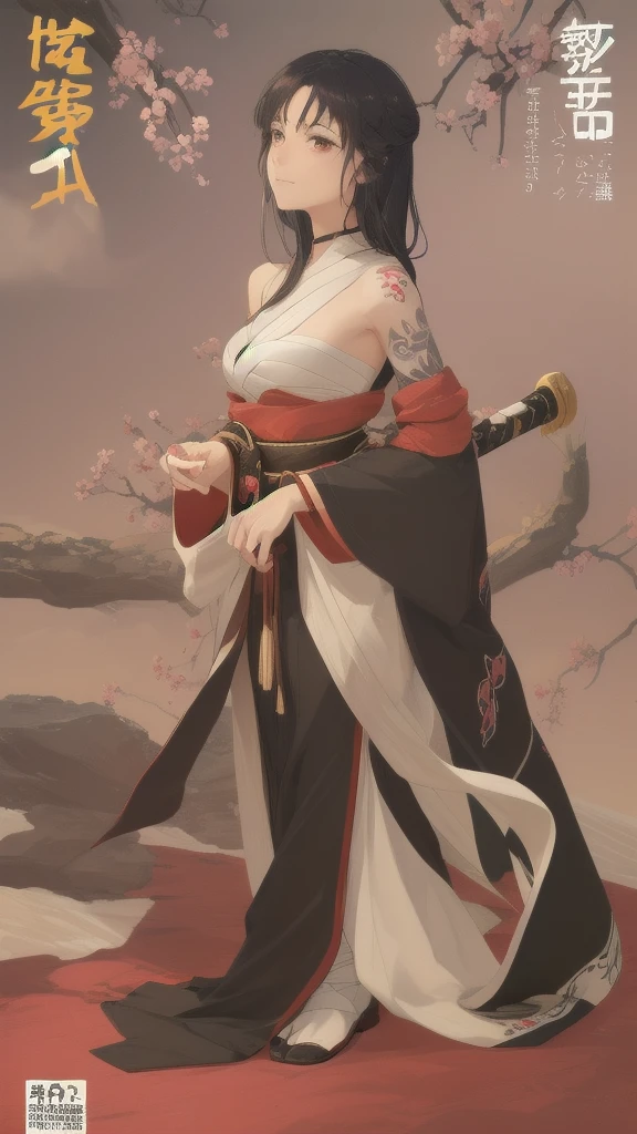 (((((roll up bandage sideways on a chest tightly to cover the chest without gaps))))), (((bandage samweways))),, ((Japanese Gangster BOSS)), adult woman with the dignified presence, Killing Qi, wear nothing around shoulder, wear nothing around neck, wear the kimono, wear it below the waist, (I wind it up to control it, and to attach it), ((kimono come off)) ,wear the kimono multiple times, Bare shoulders and the clavicle, black and gold kimono, put on over jacket of kimono, (holding a japanese sword which shine in purple, The handle of the sword is black, and the blade is gray, long sword), eye fire, low angle, whole body, anime character, Glaring, off sholder, nappropriate smile, Excellent, black blue hair, can see both shoulder, ((long kimono hem)), small face, ((some cherry blossam big tattoo on the arm)), ((background Japanese gate with circlr mark)),muscular,drink sake,fullmoon in the sky, The kimono is spreading,(((ultra-detailed))),super beautiful,Masterpiece,Killing Qi,Intimidation,zoom up, a person,Selfish person,in japanese veranda