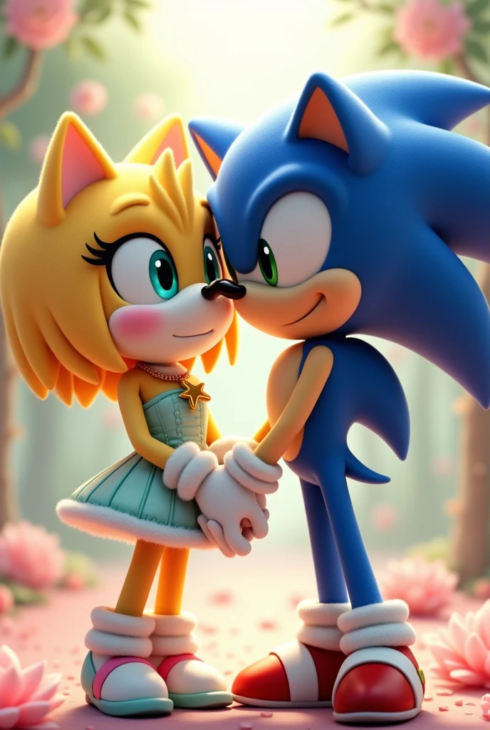 Humanoid hedgehog with pastel yellow fur and bright aquamarine eyes and short hair and white fingerless gloves with a necklace with a gold star pendant,Cream dress with fitted corset long puffed sleeves light blue color,long, non-puffy dress next to Sonic a humanoid hedgehog with navy blue fur and emerald green eyes and red shoes and a white tight shirt,Sonic kissing her cheek with his eyes closed 