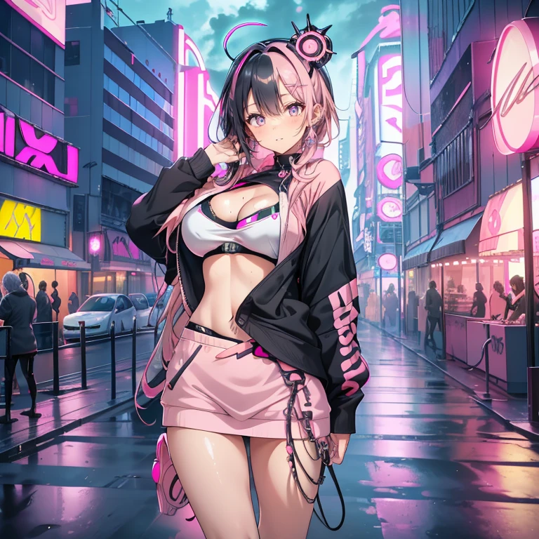 Anime Kawaii sexy Perfect Slim sensual body large breast and huge thighs, An intricate and highly detailed illustration of anime (Young girl) NSFW,Big perfect breasts ((Space Punk Girl)),(((1 girl))),((beautiful Girl)), ((Saggy breasts)), ((Gray Hair, Dirty black hair, Inner hair color)), Long Hair , Amazingly long and voluminous hair, ((intricately cut hair)), (((Neon pink eyes: 1.4))), beautiful detailed eyes, Very sexy body, ((((Short sweatshirt, Short sweatshirt, Complex sweatshirts)) )) Flowing Cyberpunk Skirt, Revealing clothing, Show some skin, ((((Well good)))),((Cleavage))(((Cyberpunk Clothing, Complex clothing, Complex clothing))) (((Light Skin: 1, 5, Sunburned skin, Glowing Skin) )), ((Firm Abdomen)), Wide Hips, Moving objects, Sexy Legs, Detailed body, ((Detailed face)), (Graffiti on clothes), (Half naked, dress up a little, barefoot) ((Sexy pose)), alone, Embarrassing, High resolution, Sharp focus, (Very detailedな, Very detailed), (Perfect art) (Very detailed), (((Bright colors))), (Background Complex), (Tabletop), (Highest quality), Synthwave Neon Colors, (((beautiful, Conclusion, attractive, erotic))), (((Browsing Caution))), Cyberpunk seaside town at night, Puddle with bright and dark storm clouds and neon sign, scenery: 1 , 30,