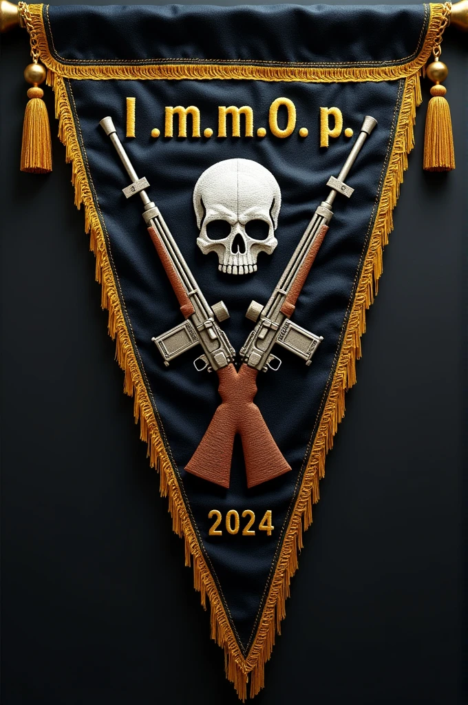 Make a triangular flag that is vertical and has a black background and gold edges.. And have a skull embroidery in the center and crossed rifles. And it has to have the title at the top that says I.m.m.O.p.  and at the bottom 2024