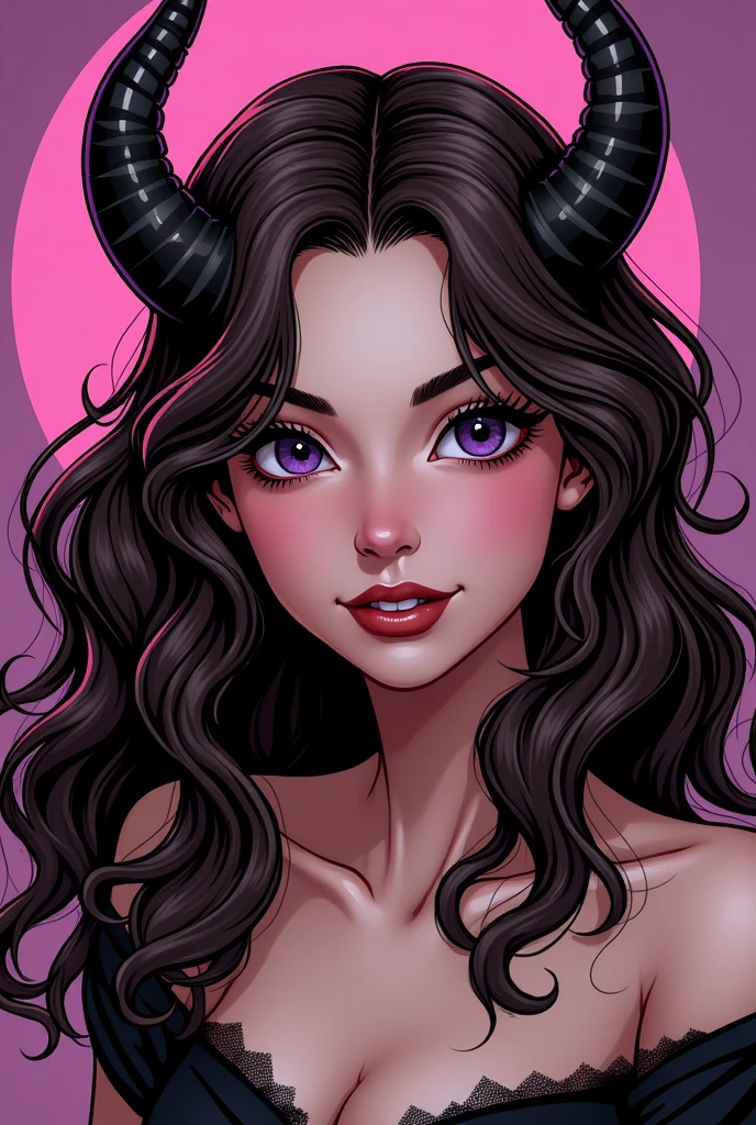 A comic style villain girl with medium long wavy brown hair, purple eyes, goat-shaped horns