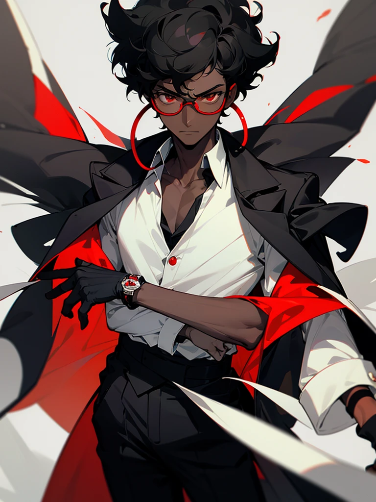 Image of a dark-skinned boy with short curly black hair wearing black glasses, a white bracelet with black details and a red shirt and a black overcoat on top, with design based on the style of a pokemon trainer.