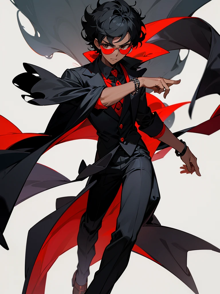 Image of a dark-skinned boy with short curly black hair wearing black glasses, a white bracelet with black details and a red shirt and a black overcoat on top, with design based on the style of a pokemon trainer.