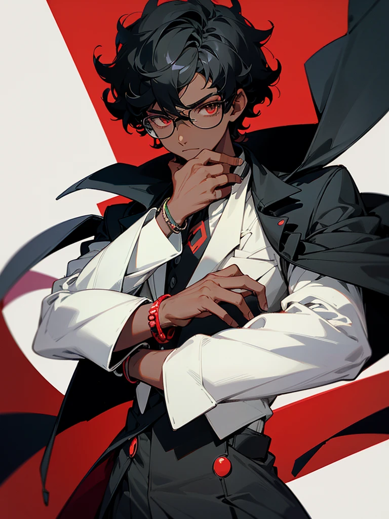 Image of a dark-skinned boy with short curly black hair wearing black glasses, a white bracelet with black details and a red shirt and a black overcoat on top, with design based on the style of a pokemon trainer.