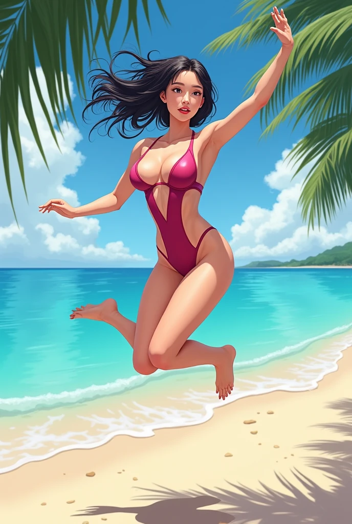 make a beautiful woman, with swimsuit, good hips and glutes, big breasts, korean, her breasts bounce as she jumps on the beach anime style