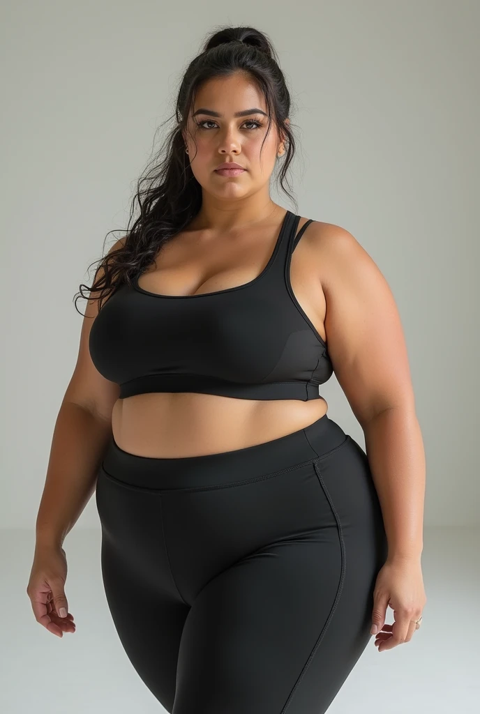 peruvian lady, culona, big legs, small waist, with light pink leggings, black hair, hourglass figure, sexy curves, slim physique, short hair, ultra mega big , with a gym top
