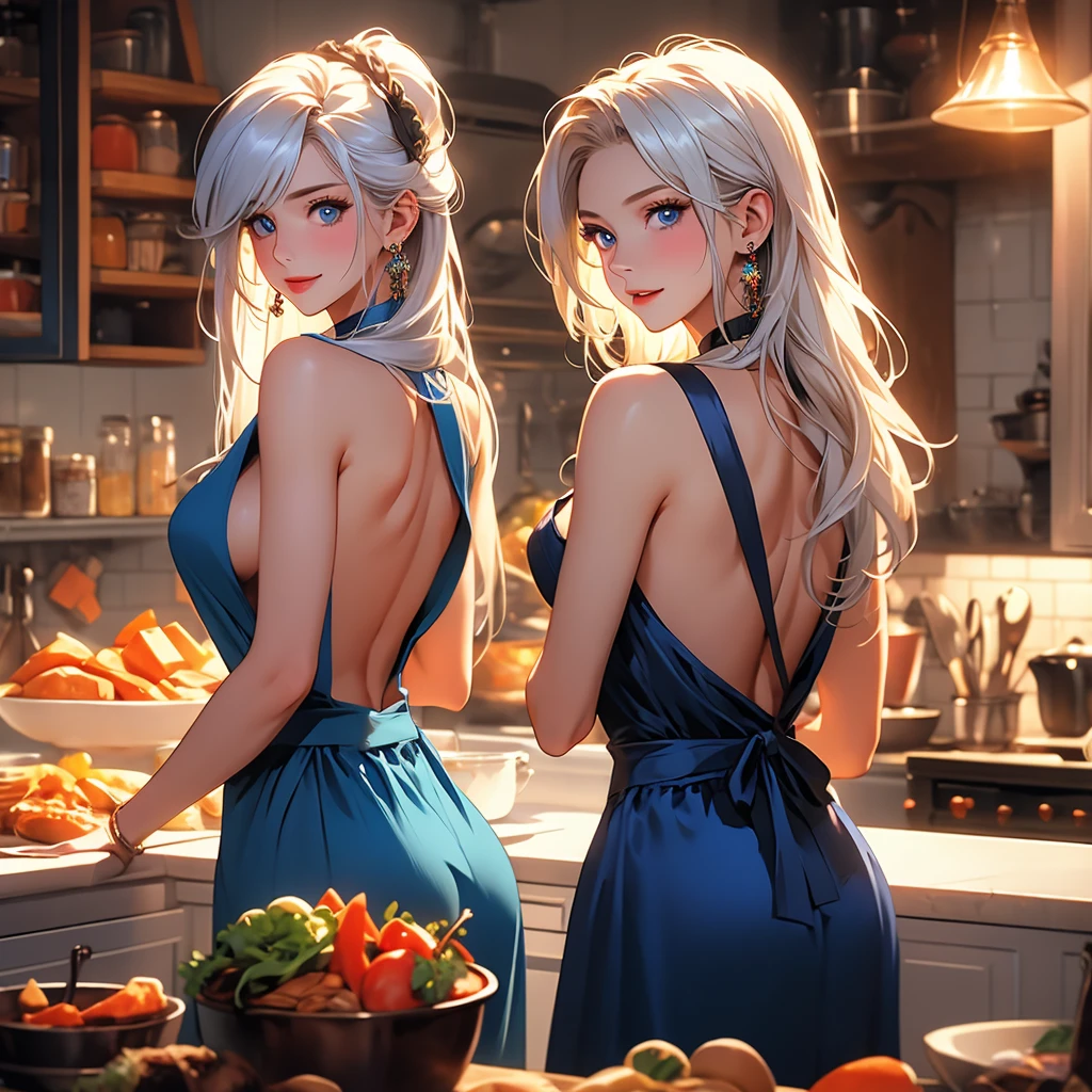 A girl with expressive blue eyes, silky white hair, wearing just an apron, looking at the viewer, posing, in love with the viewer, giving a playful flirtatious look, slight smile, ass, apron, 1girl, breasts, naked apron, kitchen, long hair, looking at viewer, jewelry, indoors, solo, looking back, earrings, food, carrot, pot, sideboob, back, counter, smile, white hair, from behind, medium breasts, detailed eyes, extremely detailed face, hyper detailed, photorealistic, high quality, 8k, ultra detailed, masterpiece, warm lighting, cinematic, dreamy, romantic, sensual