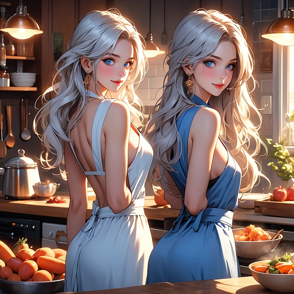 A girl with expressive blue eyes, silky white hair, wearing just an apron, looking at the viewer, posing, in love with the viewer, giving a playful flirtatious look, slight smile, ass, apron, 1girl, breasts, naked apron, kitchen, long hair, looking at viewer, jewelry, indoors, solo, looking back, earrings, food, carrot, pot, sideboob, back, counter, smile, white hair, from behind, medium breasts, detailed eyes, extremely detailed face, hyper detailed, photorealistic, high quality, 8k, ultra detailed, masterpiece, warm lighting, cinematic, dreamy, romantic, sensual