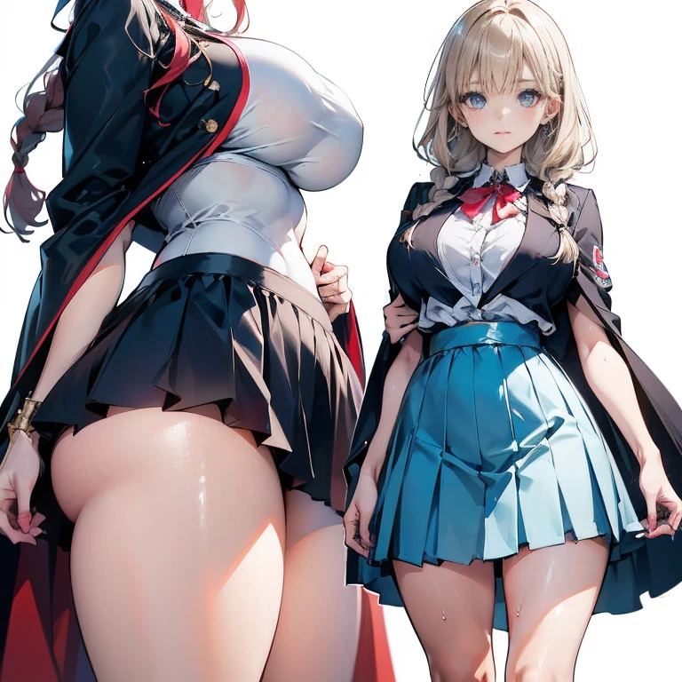 Anime Kawaii sexy Perfect Slim sensual body large breast and huge thighs, An intricate and highly detailed illustration of anime (Young girl) 1 girl, light hair, darker eyes, Solid eyes, blank stare, shorth hair, two braids, breasts big, school clothes, white collar, jaket, cape, overskirt, knee socks, no expression, no back ground, white background
