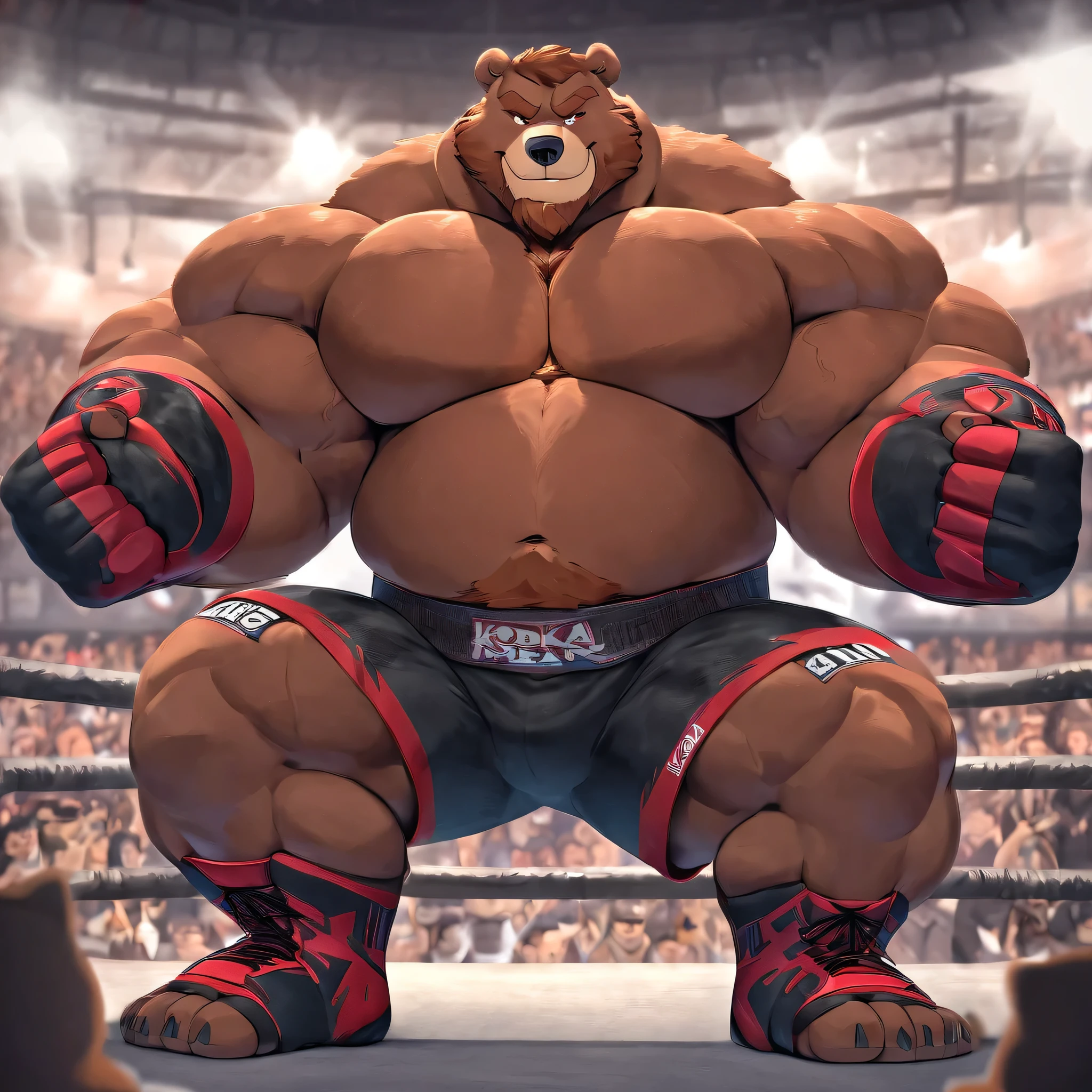 Solo, 1boy, huge muscular kodiak brown bear in big gym fitness center, big smirking, kodiak bear, huge brown fur, thick arms, huge arms, big fists, veins all over arms and chests, bald, big brown mustache and beard, (muscular, pectoral, wide pectoral, thick arms), HEIGHT: 220CM, WEIGHT: 400LBS, crowd, flasjing cameras, ring arena, 8k, masterpiece, added cinnamon colored eyebrows, deatiled eyes with red pupils, (wearing black mixed martial arts shorts with red slits, black mixed martial art fingerless gloves with red pads, black toeless footwear tapes, shirtless and topless), full power dropkick,