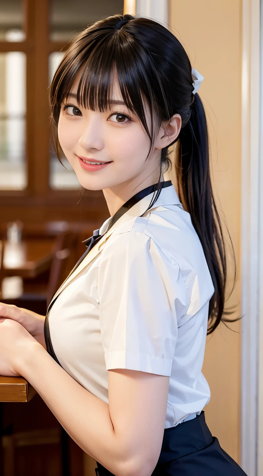 (Highest quality,masterpiece:1.3,Ultra-high resolution,),(Very detailed,Caustics),(Realistic:1.4,RAW shooting,)Ultra-Realistic Capture,Very detailed,High resolution 16K human skin closeup。 Natural skin texture、,pores、、、、It must be detailed enough to be easily identifiable。 Skin tone is even and healthy looking。 Use natural light and colour,restaurant,Waitress Uniform,1 girl,Japanese,18-year-old,cute,Black-haired,ponytail,Big Breasts,smile,Turn your body forward,(Front view:1.1),Looking into the camera,Cowboy Shot,
