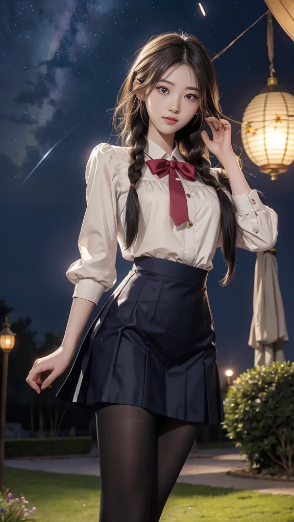 ulzzang-6500-v1.1, (RAW photo: 1.2), (Real photo), (Real photo: 1.4), 1 girl、Perfect anatomy、19 years old、Looking at the camera、Medium length hair、side braids, uniform short skirt, in a surreal royal garden, with many hanging lanterns, under the starry night sky, ((starry night: 1.1))、(Surreal tights: 1.2), (Business service)、Asian eyes Ella,