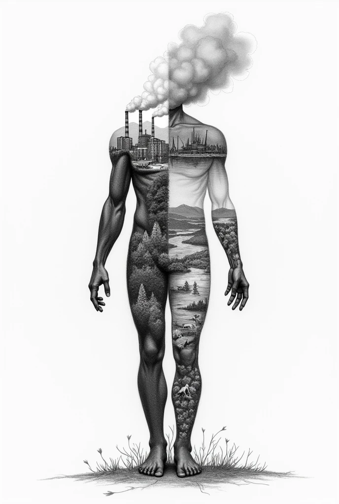 Create a pencil drawing of a human figure split in half. On one side, the figure is composed of industrial elements like factories, smokestacks, and machinery, with smoke and pollution rising into the sky. The other half of the figure is natural, showing detailed sketches of trees, rivers, and animals. The background also transitions, from a lush, healthy environment on the natural side to a desolate, polluted landscape on the industrial side. The pencil strokes vary in intensity, with darker shading for the industrial side and lighter, more delicate lines for the natural side, emphasizing the contrast between human impact and the natural world.