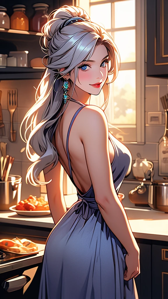 A girl with expressive blue eyes, silky white hair, wearing just an apron, looking at the viewer, posing, in love with the viewer, giving a playful flirtatious look, slight smile, ass, apron, 1girl, breasts, naked apron, kitchen, long hair, looking at viewer, jewelry, indoors, solo, looking back, earrings, food, carrot, pot, sideboob, back, counter, smile, white hair, from behind, medium breasts, detailed eyes, extremely detailed face, hyper detailed, photorealistic, high quality, 8k, ultra detailed, masterpiece, warm lighting, cinematic, dreamy, romantic, sensual