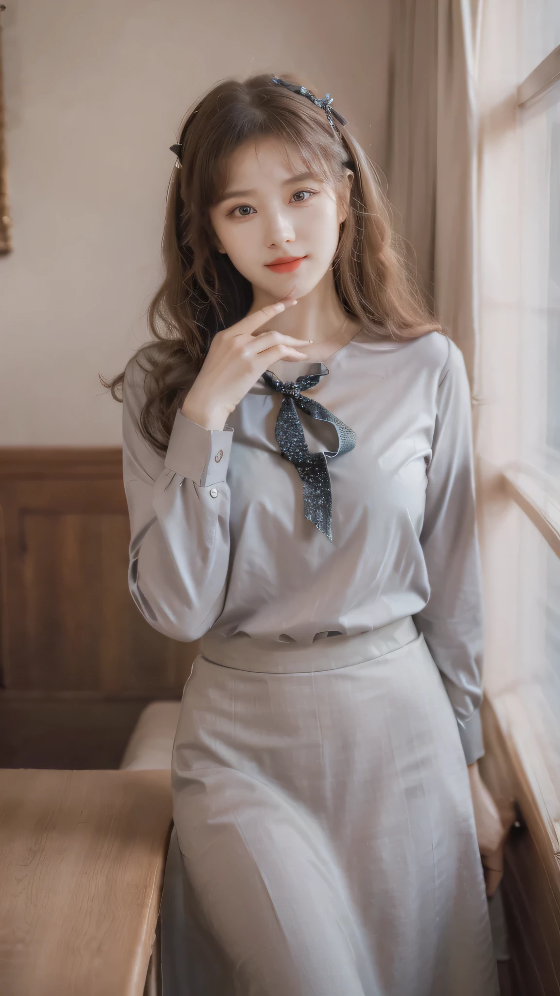 detailed background, masterpiece, best quality, 1 person , curly hair, long hair, purple eyes, star in eye , grey blouse, long skirt, grey , grey blouse , beautiful bow, detailed bow, indoor , hair accessories, jewelry, red lips