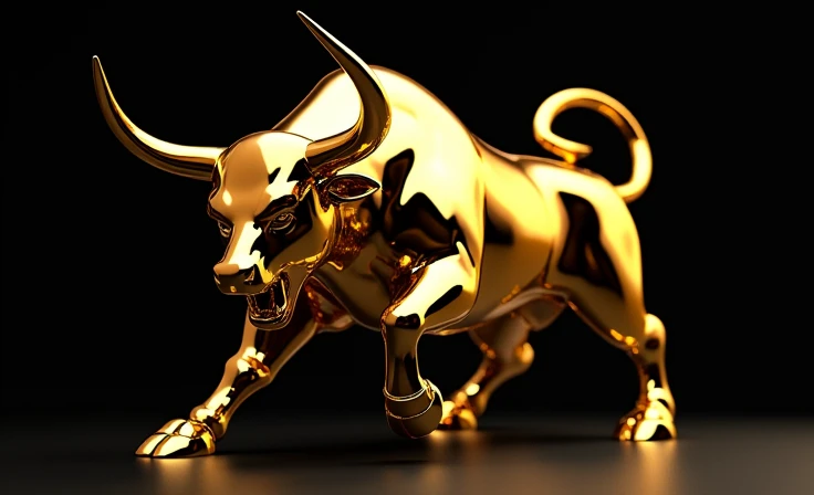 a bright chrome gold bull angry attacking from below with his horn the golden bear black background