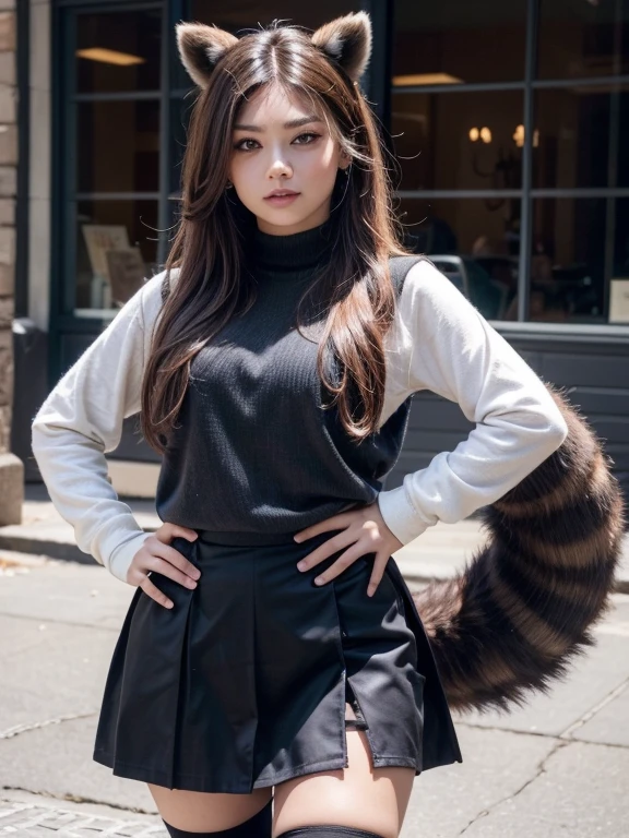 ((Highest quality, 8k)), ((masterpiece)), (Highest Resolution), Perfect Face, Raccoon-eared woman, Female college student, Beautiful woman, public, One tail, she has thick thighs, Big raccoon tail, She has a brown raccoon tail., She sticks out her tail, Embarrassed face, Fur collar, She is wearing a short skirt, Beautiful Hips , The skirt is rolled up with a big tail