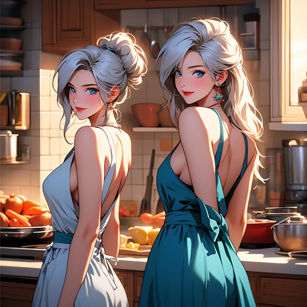 A girl with expressive blue eyes, silky white hair, wearing just an apron, looking at the viewer, posing, in love with the viewer, giving a playful flirtatious look, slight smile, ass, apron, 1girl, breasts, naked apron, kitchen, long hair, looking at viewer, jewelry, indoors, solo, looking back, earrings, food, carrot, pot, sideboob, back, counter, smile, white hair, from behind, medium breasts, detailed eyes, extremely detailed face, hyper detailed, photorealistic, high quality, 8k, ultra detailed, masterpiece, warm lighting, cinematic, dreamy, romantic, sensual