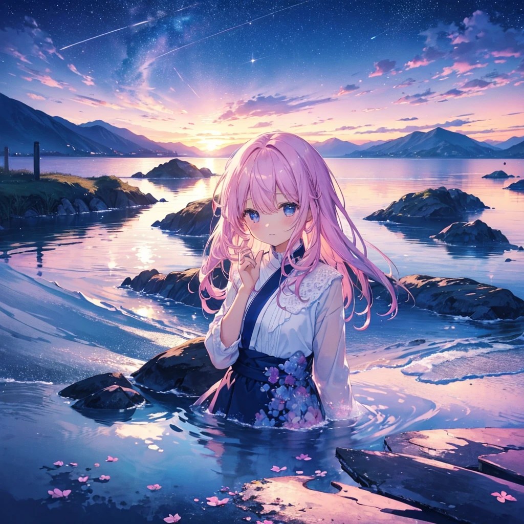 Landscape painting、Beautiful night sky、Pink or light blue、Vivid and colorful sky with purple and other colors、Shining Stars、Fantastic clouds、Water surface under the night sky、水面に映るBeautiful night sky、Warm Light、Very delicate、Breathtaking、Highest quality、Masterpiece、Flawless