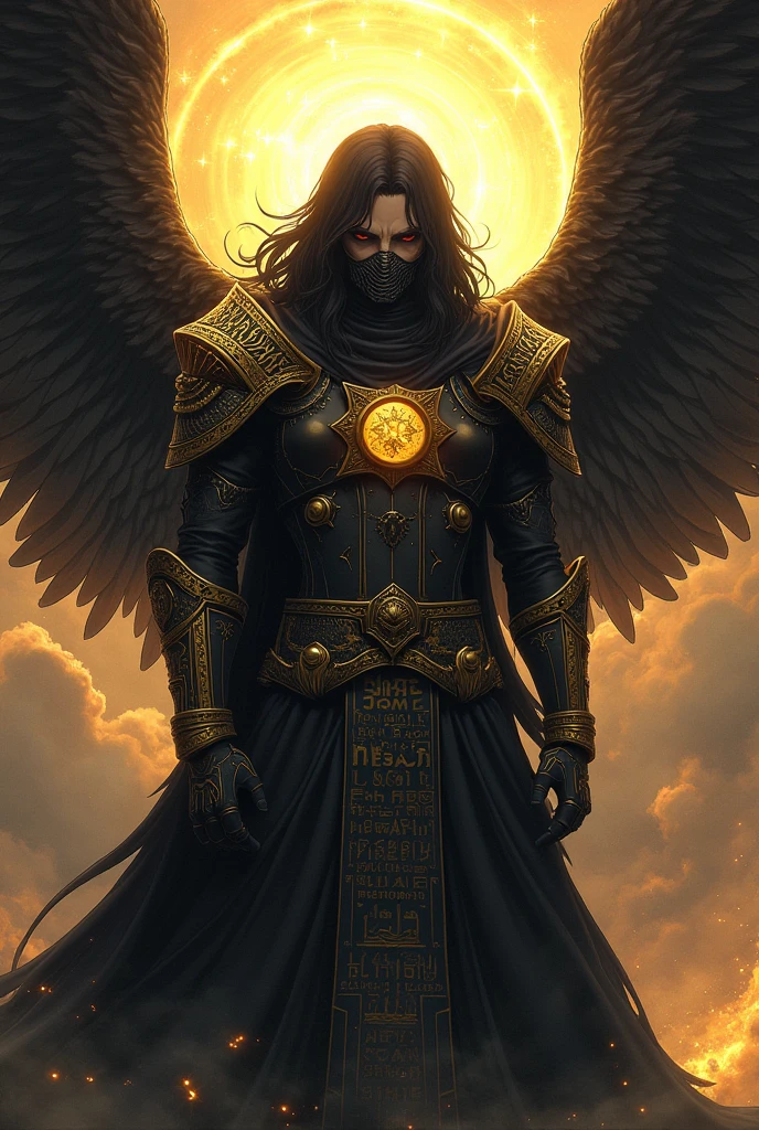 Male Madara Uchiha in celestial armor with long wavy black warrior hair with a golden aura and black wings with golden Hebrew letters inscribed on them with a menacing look and a hood covering his face and a mouth cover
