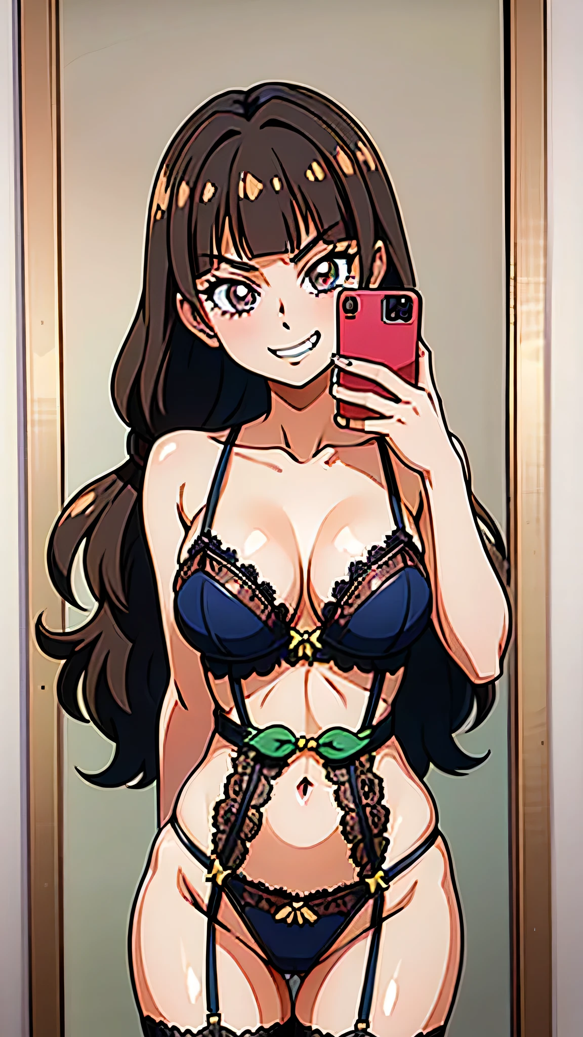 1 girl, (solo), ((amanogawaki)), best quality, highres, high quality, 8k, HD, super detail, anatomically correct, UHD, accurate, (masterpiece:1.2), (high quality:1.0), (ultra detailed), (Adult:1.2), (Mirror Background), (Smug Grin), selfie, mirror, edgHL_lingerie, wearing edgHL, Black Lingerie, Lace pattern