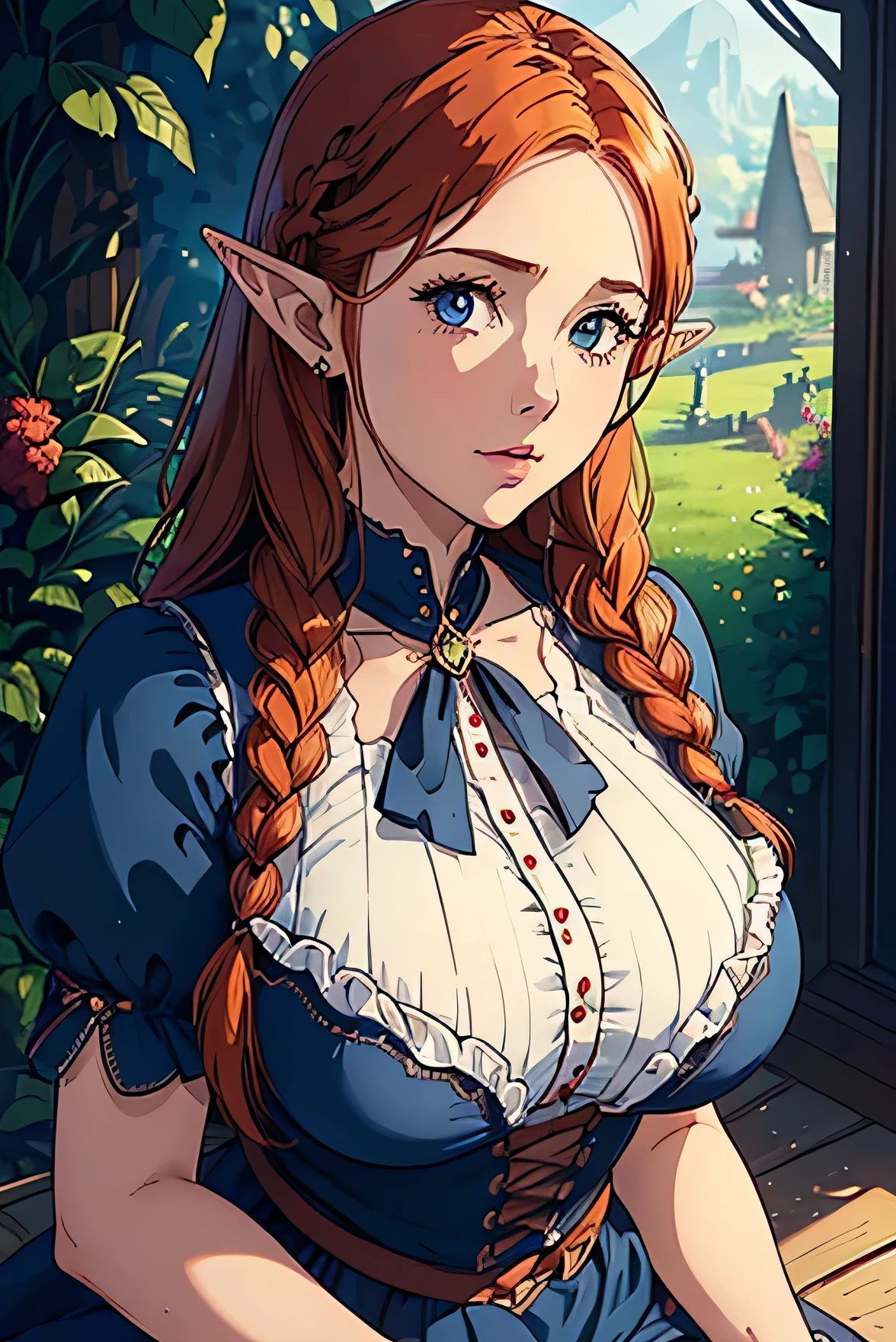 Cute Farmgirl with Braids. ((red haired woman, mature woman, long hair, pointy ears, elf ear)), Perfectly round face. Beautiful cute face, Big beautiful voluptuous lips, charming beauty, ((gentle expression on your face)), ((Beautiful Big, blue detailed eyes)), Waist slender, Broad Hips ((Dark blue dress with ruffles, modest dress, very high neckline)) (highy detailed)),offcial art, Award-winning digital painting, digital illustration, extreme detail, 4K, ultra HD, Rococo, polished, intrikate, realistic fantasy art, sharp focus, conceptual artwork, arte por WLOP, artgerm, (2D vector illustration) Lumiere, airy, hourglass figure. ellie bamber
